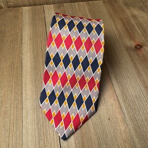 JoS.A. Bank Executive Extra Long Silk Necktie Red Blue Gray Gold Diamond Pattern